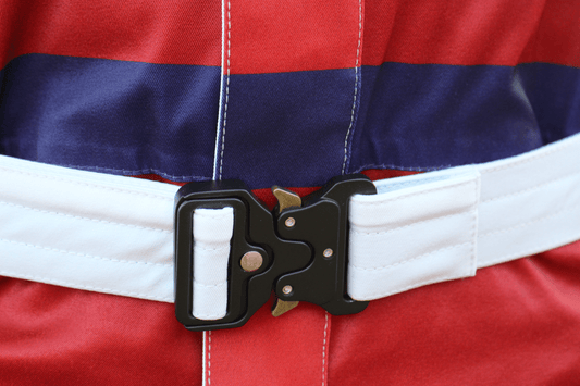Close-up of the white belt and black buckle on a red, white, and blue Miracle on Snow Shred Suit
